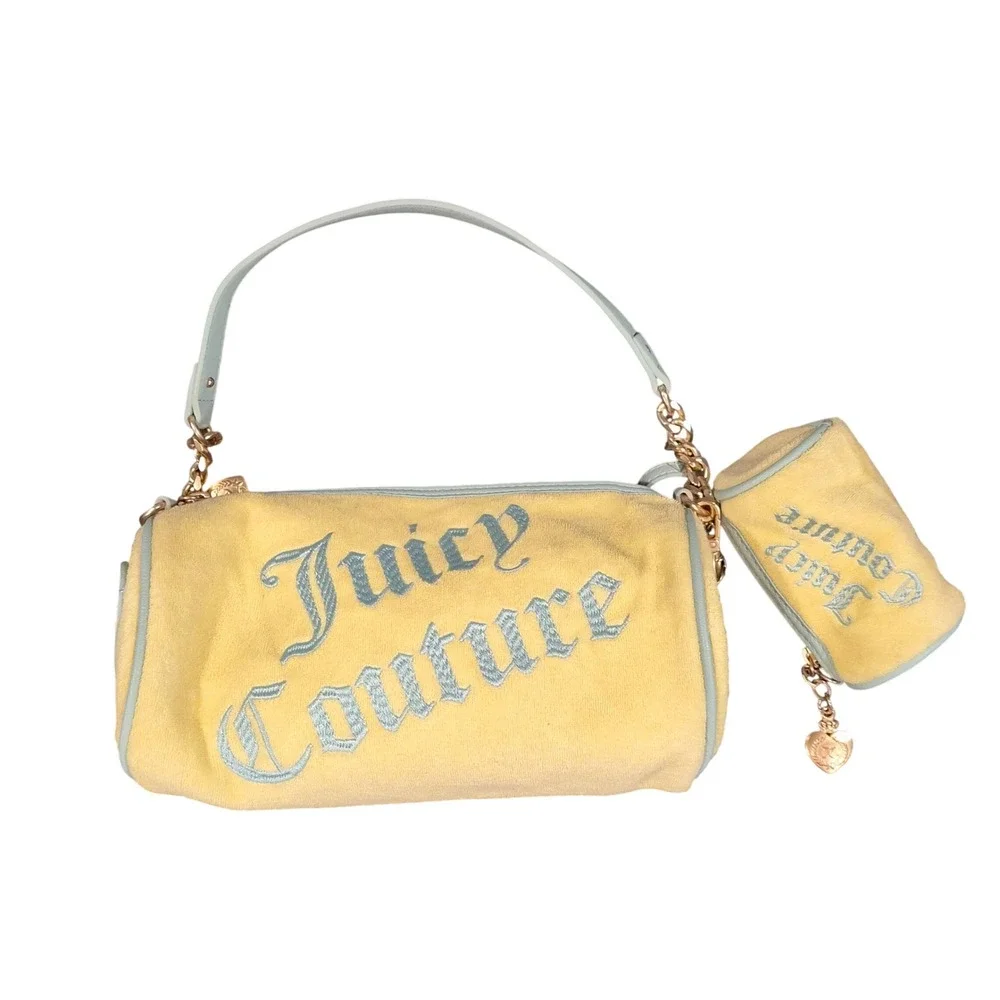 Juicy Couture Yellow Velour Barrel Bag with Mini Pouch Set Blue Trim Y2K Style